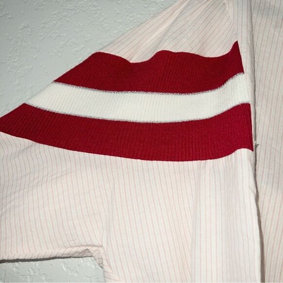 New Bucketlist Pink Pin Stripe Varsity Knit Inset Button Down Shirt Size Medium - Picture 4 of 7